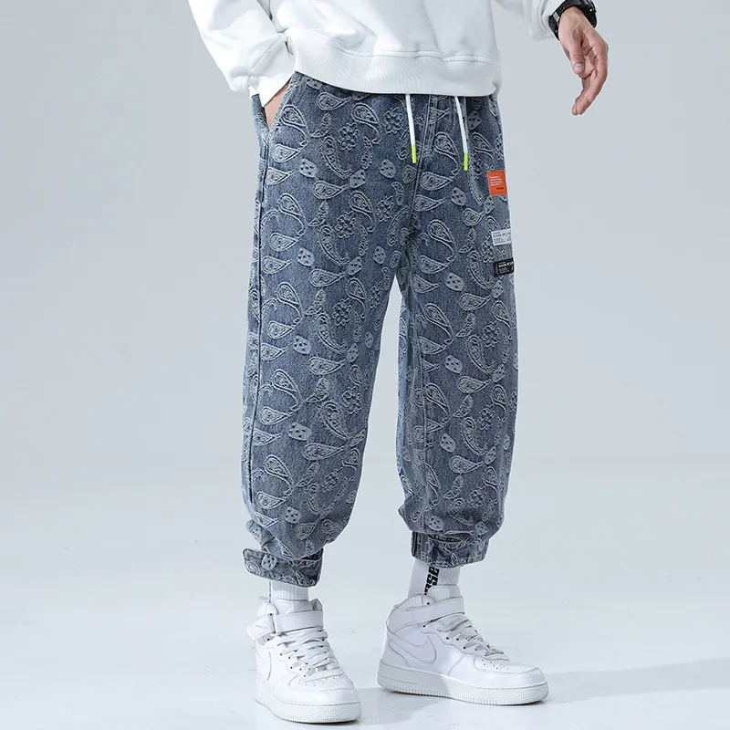 Retro Print Men Jeans  Autumn 2021New Elastic Waist Hip Hop Pants Japanese Streetwear Baggy Jeans Male Harajuku Casual Pants 5XL 2