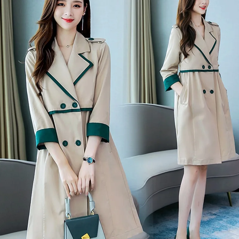 

2019 Autumn Solid Color Elegant Versatile Slim Fit Trench Coat Double Breasted Long Sleeve Straight-Cut