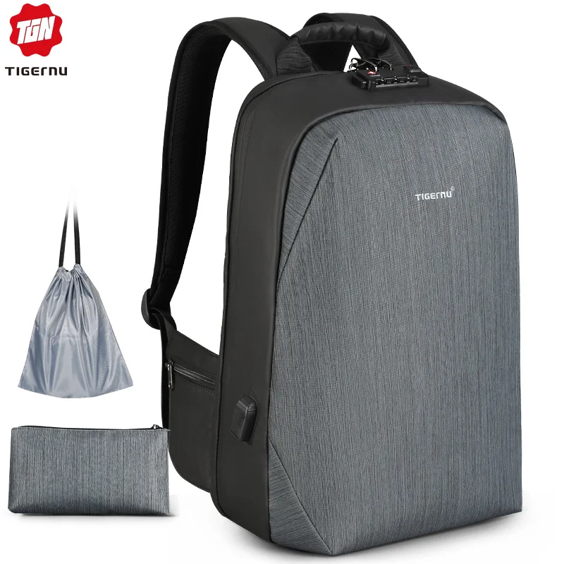 Black with cyan Tigernu, новинка, модный мужской рюкзак с замком TSA, Противоугонный, для 15,6 дюймов, для ноутбука, водонепроницаемый, на молнии, мужской рюкзак, сумки для мужчин, большая ВМЕСТИТЕЛЬНОСТЬ - Цвет: Black with cyan