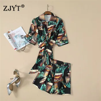 

2020 Spring Summer Runway Set Women Fashion New Half Sleeve Vintage Print Crop Top and Shorts Suit 2Piece Set Holiday Outfits