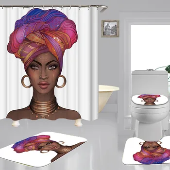 

African American Women Shower Curtain Bathroom Waterproof Polyester Printing Curtains for Bathroom Hooks Rugs Toilet Seat Cover