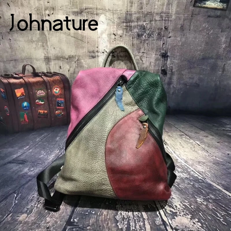 Женский рюкзак из натуральной кожи Johnature большой вместительный дорожный с ручной