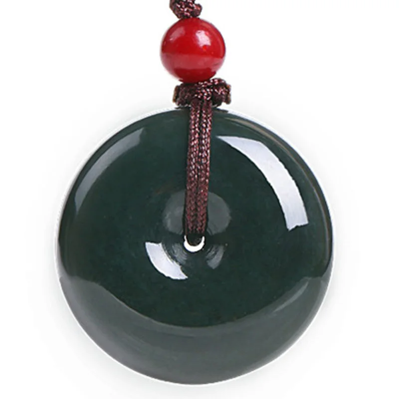 

Natural Black Green nephrite Stone Donut Pendant Carved Round Peace Buckle Pendant Necklace Women's Fine Jade Jewelry