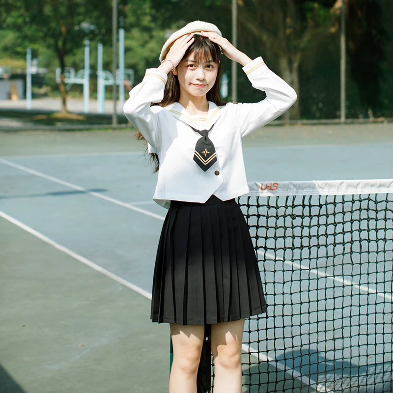 Tops - short skirt Японская школьная форма для девочек; костюм; белая футболка с длинными рукавами; топ; плиссированная юбка; костюм для косплея в Корейском стиле для девочек; костюм для студентов - Цвет: Tops - short skirt