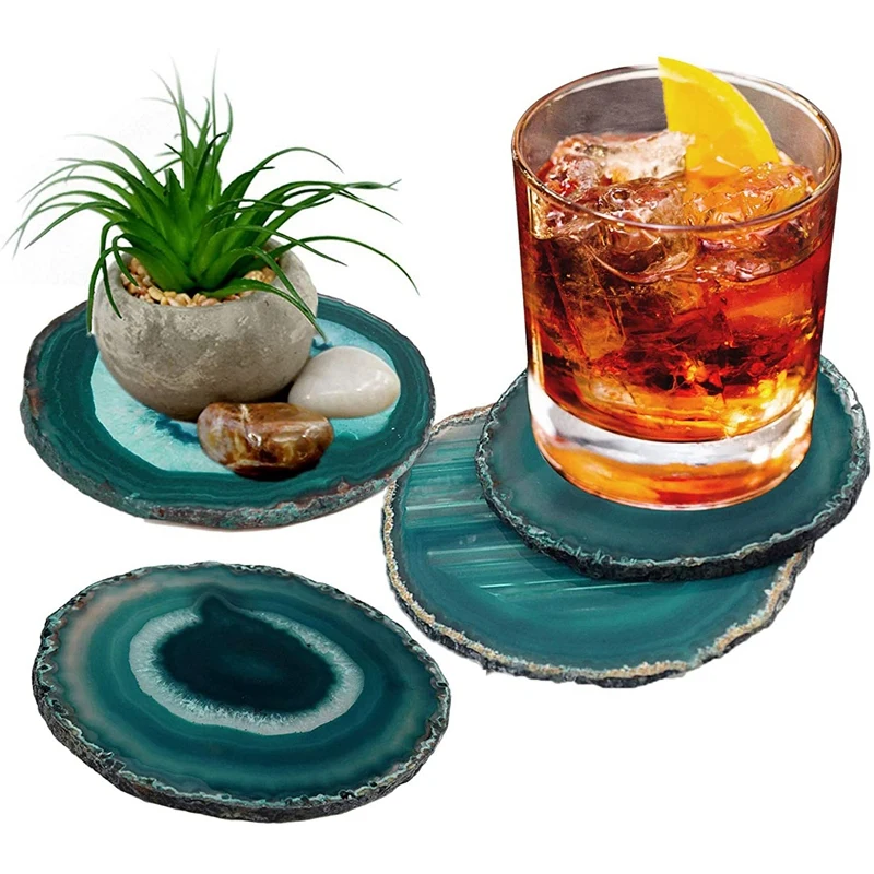 4Pcs Agate Slice Blue Agate Coaster Teacup Tray Decorative Design Stone Coaster Gold Edges Home Decor Gemstone Coaster afbeelding