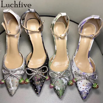 

Crystal Bowknot Sandals Women Print Pointy Toe Party Shoes High Heels Gladiator Stiletto Ankle Wrap Grey Shoes Woman
