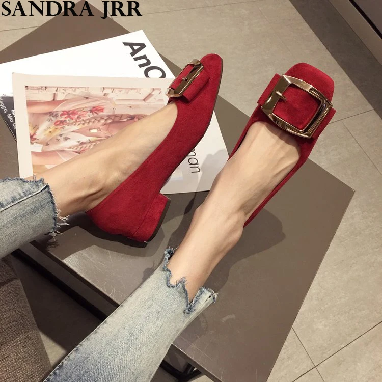 

SANDRA JRR 2020 Spring Women Flock Pumps Low Heel Square Toe Slip On Metal Buckle Office Lady Work Heels Shoes