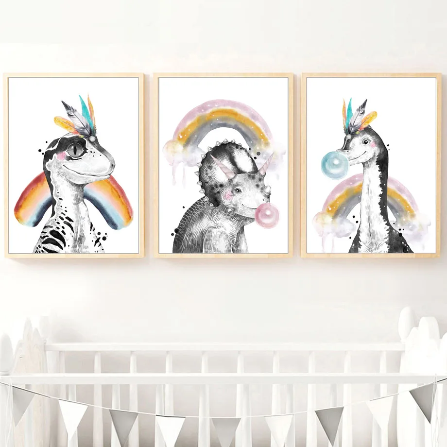 Rainbow-Feather-Baby-Dinosaur-Graph-Wall-Art-Canvas-Painting-Nordic-Posters-And-Prints-Wall-Pictures-For (1)