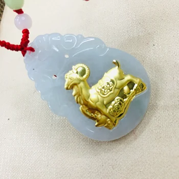 

Zheru Jewelry Pure Natural Hetian Jade Pendant 24K Gold Inlay Zodiac Sheep Pendant Necklace Send Certificate