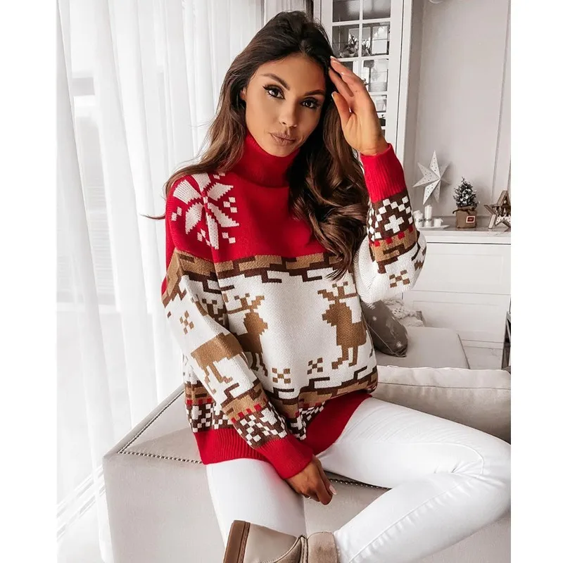 

2021 Autumn Women's Christmas Turtleneck Sweaters Long Sleeve Elk Snowflake Pattern Women's Pullovers Loose Knit Tops Streetwear