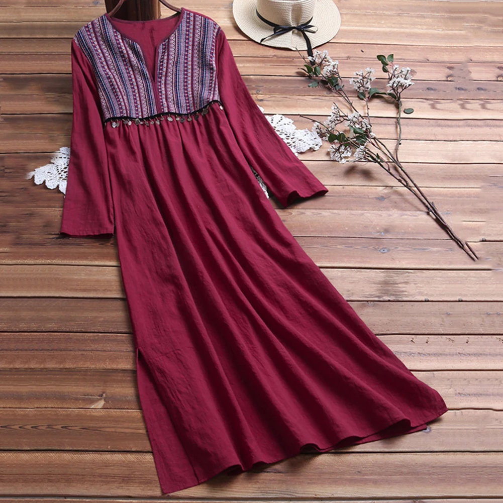 Vestido mujer Vestido largo con cuello en V geometrico ретро платье-Кафтан с кисточками
