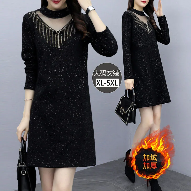 

2019 Winter New Style Korean-style Large Size Dress Fat Mm Half-Turtle-Neck Joint Gauze Hollow out plus Velvet Base Dress