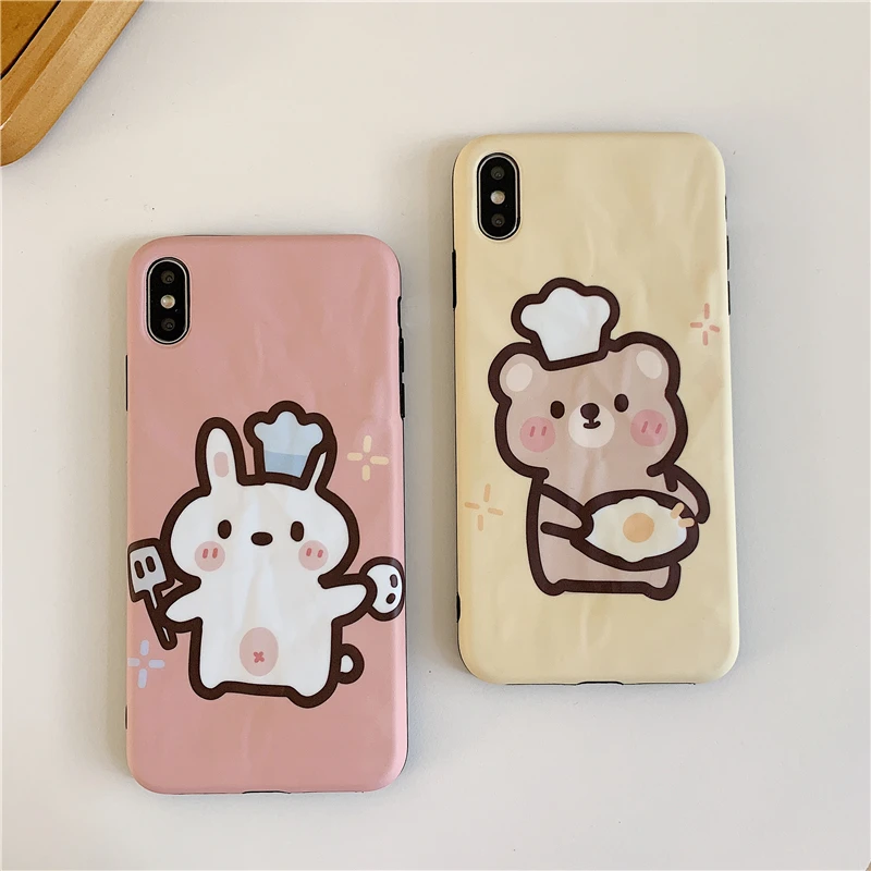 

3D Crease Cute Cartoon Painted Cooking Rabbit Bear Soft Couple Phone Case For iPhone X XR Xs Max 8 7 6 6s Plus TPU Back Cover