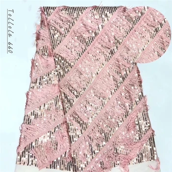 

Fast Shipping (5Yards/pc) Graceful African Net Lace Fabric 3D French Lace Fabric With Gleamy Sequins For Party Dress