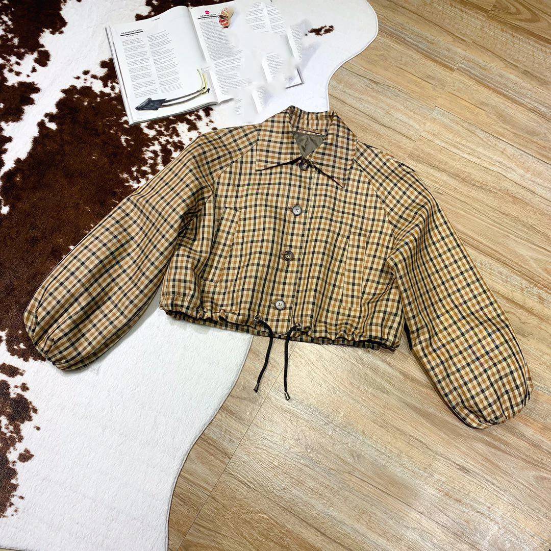 

2019 new ladies high quality fashion long sleeve lapel drawstring waist high waist plaid jacket 0807