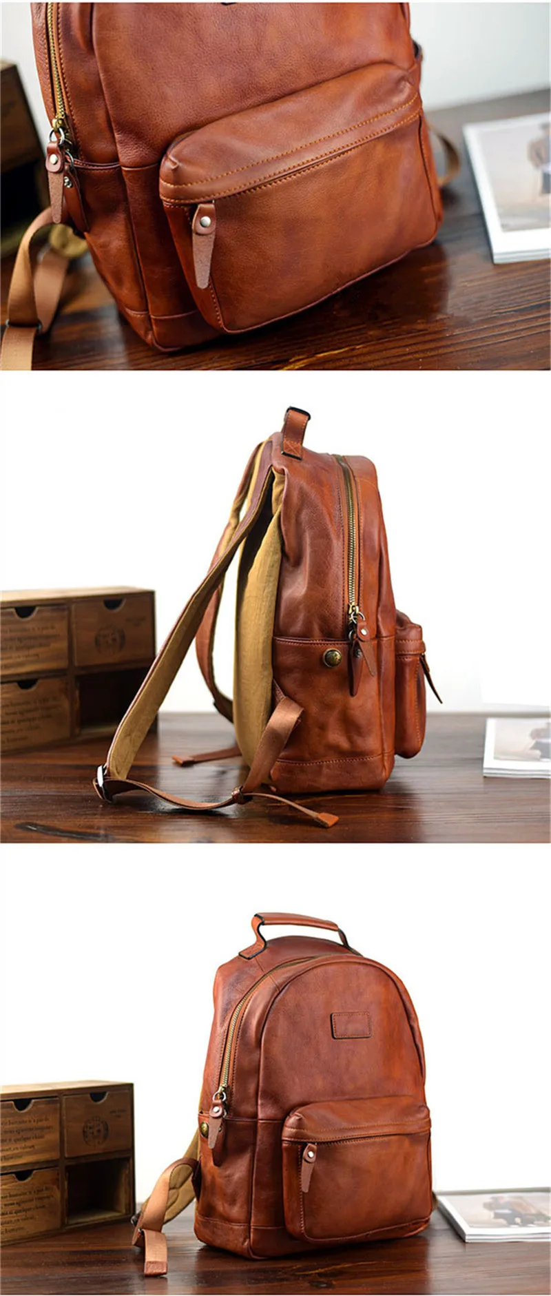 PNDME hohe qualität echtes leder herren rucksack einfache vintage natürliche rindsleder frauen reise bagpack student laptop bookbag – Detail 3