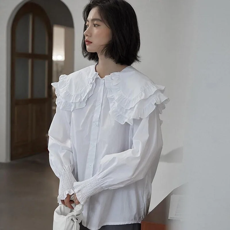 

Fashion White Loose Women's Top Cute Doll Collar Long Sleeve Shirt Japan Style Ruffled Female Casual Blouse Spring Summer 2021