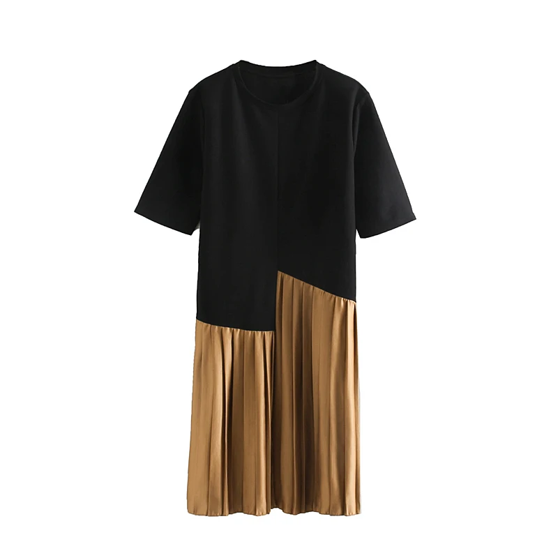 Мода Za женское платье винтажное лоскутное Плиссированное шикарное платье с круглым вырезом и коротким рукавом Элегантное прямое платье для женщин