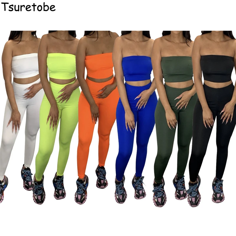 Tsuretobe Bodycon 2 Piece Set Women Strapless Crop Top And Pencil Pants Suit Off Shoulder Summer Matching Sets Night Club Outfit |
