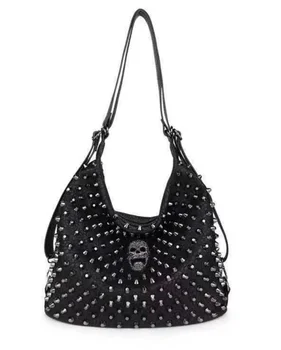 

Rivet Skull Handbag Women Pu Leather Large Capacity Tote Messenger Shoulder Bag Cross Body Punk Hip Hop Black Tote Purse