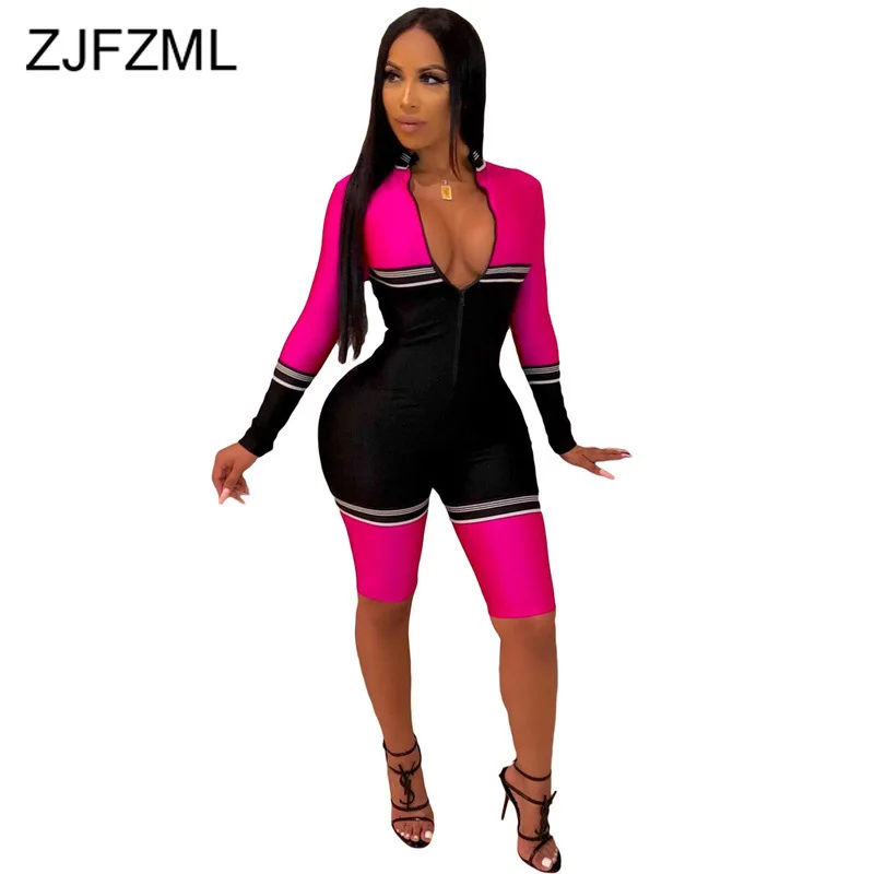 

Striped Panelled Sexy Bandage Playsuit Women V Neck Front Zipper Bodycon Short Jumpsuit Plus Size Long Sleeve One Piece Romper