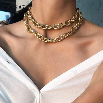 

IngeSight.Z 2Pcs/Lot Punk Multi Layer Miami Curb Cuban Thick Twisted Short Choker Necklace Chunky Collar Necklaces Women Jewelry