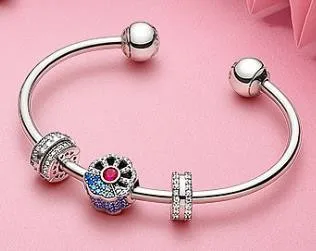 

925 Sterling Silver Beaded Bracelet Blue & Pink Fan Bangle For Women Wedding Gift Pandora Jewelry
