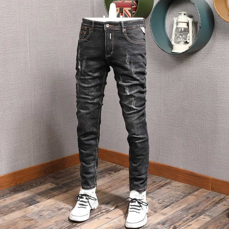 

Italian Style Fashion Men Jeans Retro Vintage Black Elastic Slim Fit Ripped Denim Trousers Streetwear Designer Hip Hop Pants