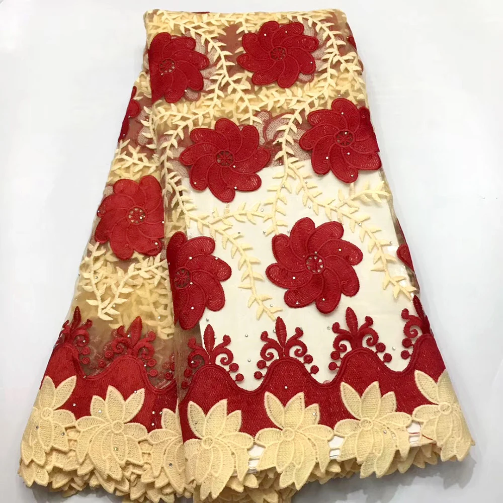 

Latest Embroidered African Tulle Lace Fabric Beautiful Nigerian lace fabric Beige and red For Wedding dress