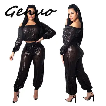 

Stripe Sequins Sheer Two Piece Set Rompers Women Sexy Slash Neck Off Shoulder Lantern Sleeve Crop Top Bloomers Pants Club Outfit