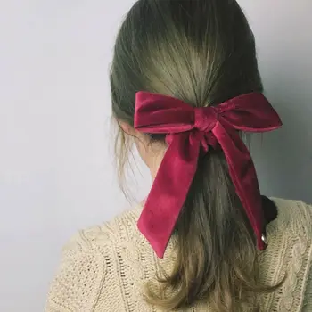

Women Girl European Vintage Hair Rope Velvet Glitter Solid Color Removable Long Ribbon Bowknot Headband Ponytail Holder Scrunchy