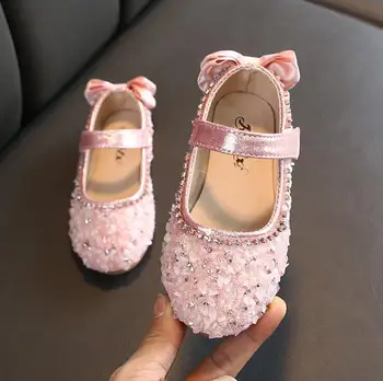

Spring Autumn Girls Fashion Princess Bright Sequin Crystal Bow Shoes Anti-slip Flat Shoe Dance Leather Shoes Kids Bow Shoes