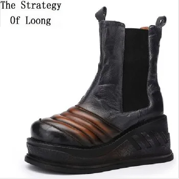 

Spring Autumn Winter Retro Women Genuine Leather Short Chelsea Boots Lady Platform Striped Botas Ladies Lazy Ankle Boots 191025