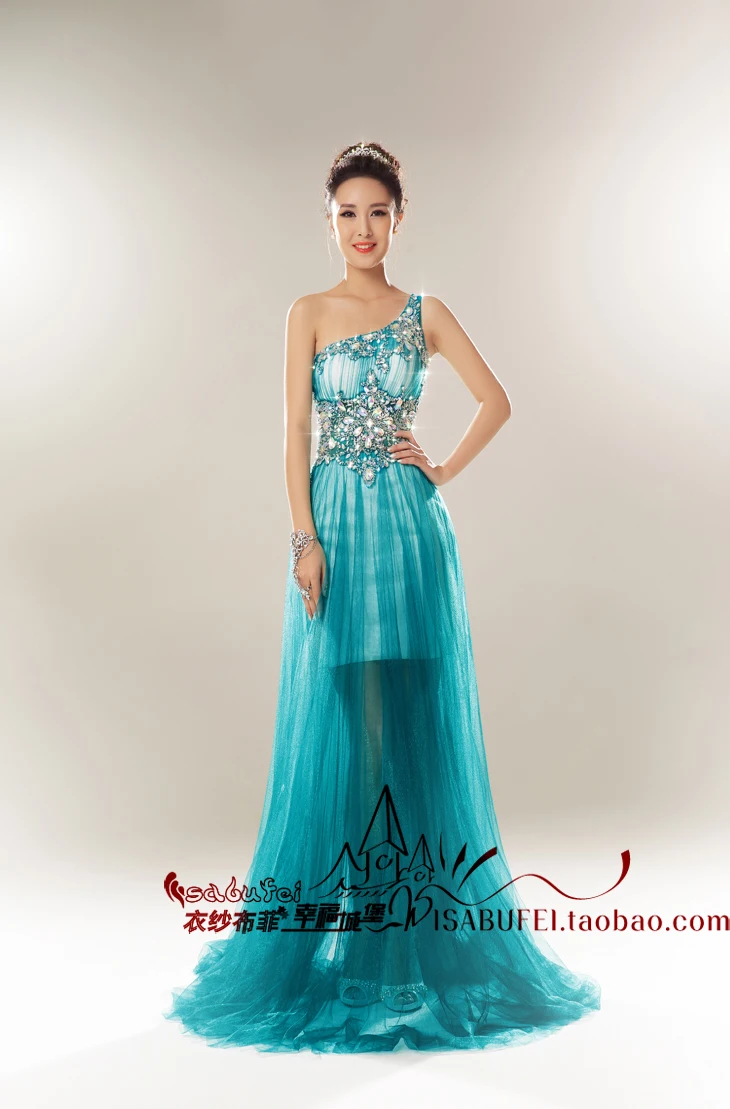 Gratis Verzending Vestido De Festa Longo Nieuwe Mode Sexy Een Schouder Crystal Party Prom Gown 2016 Avondjurk Elegante Jurk