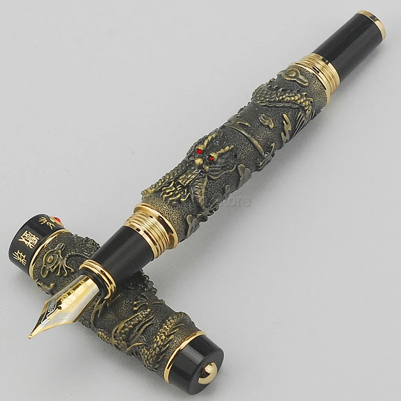 

Jinhao Practical Fountain Pen Double Dragon Playing Pearl Metal Carving Embossing Heavy Pen Bronze For Writing Fountain Pen