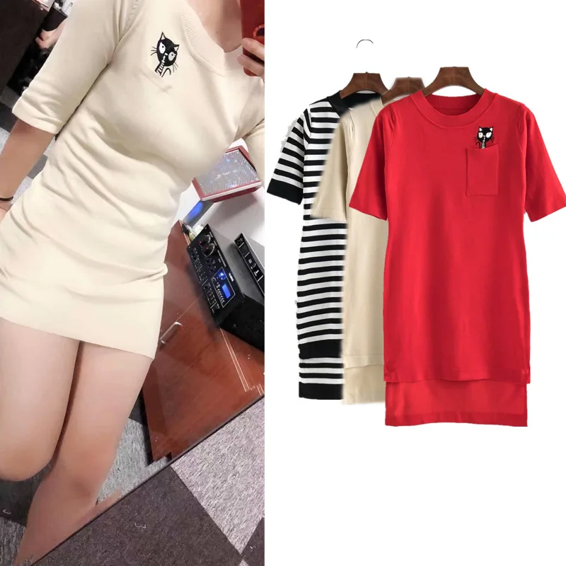 

Summer 2018 Pullover Crew Neck Slim Fit Cat Pocket Knit Mid-length T-shirt Short-sleeve Dress Women's Fashion J8122