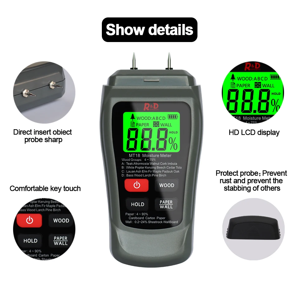 NEW MT-18 Grey 0-99.9% Two Pins Digital Wood Moisture Meter Paper Humidity Tester Wall Hygrometer Timber Damp Detector inline water meter