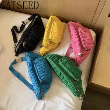 

Pleated Chest Bag 2020 Women's Fashion Adjustable Belt Stitching Chain Nylon Cloth Shoulder Diagonal Bag Women's Bag Waist Bag