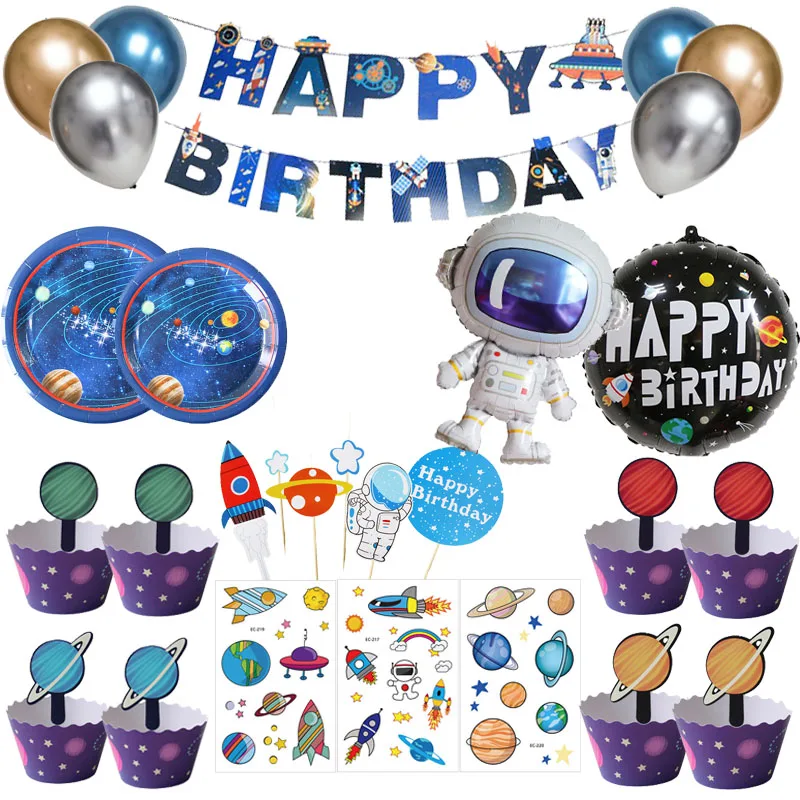 

Outer Space Party Supplies Disposable Tableware Foil Balloons Boy Kids Astronaut Theme Happy Birthday Party Decoration Gift