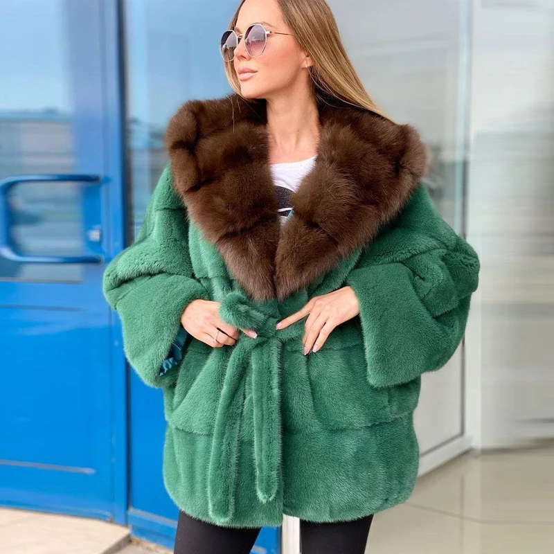 BFFUR 2022 Women's Real Fur Coat Winter Fashion Full Pelt Natural Mink Fur Coat Medium Length Fox Fur Collar Mink Fur Overcoats