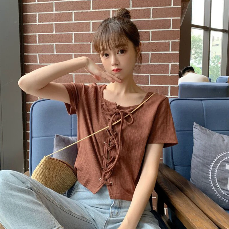 cause square collar bow Trend temperament ladies tops Women's Clothing Korean summer style high quality T-Shirts vetement femme