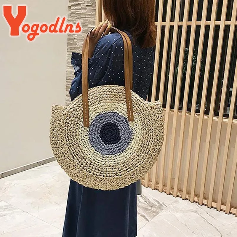 Yogodlns Summer Straw Bag Women Round Beach Bag Woven Handmade Rattan Shoulder Vacation Large Capacity Handle Bolso Sac