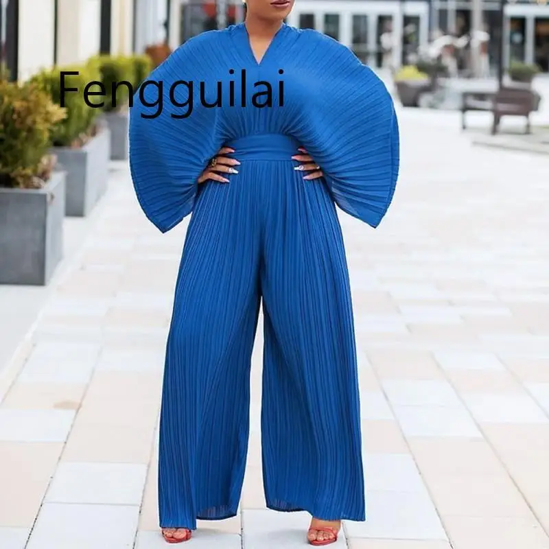 

FENGGUILAI New Women Boho Blue Solid Bow Tie Jumpsuit Causal V Neck Wide Leg Romper Elegant Flare Sleeve Jumpsuit One Pieces