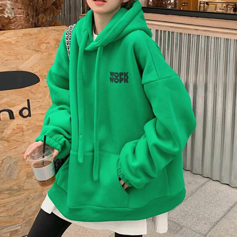 Женский свитер с капюшоном зеленый плюшевый Свободный Длинный пуловер средней