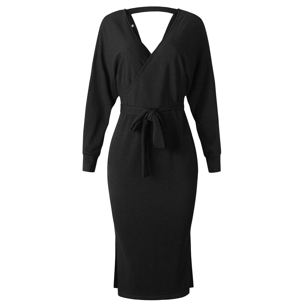 Casual Ladies Dresses Women Long-sleeved V-neck Belted Knitwear Vestidos Ropa Mujer Autumn Sexy Midi Dress Long Knitted Sweaters