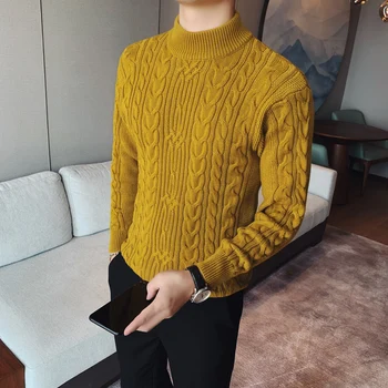

British Casual Half Turtleneck Sweater Men Jacquard Hedging Men's Slim Sweaters Winter Warm Knitted Pullovers Solid Pull Homme
