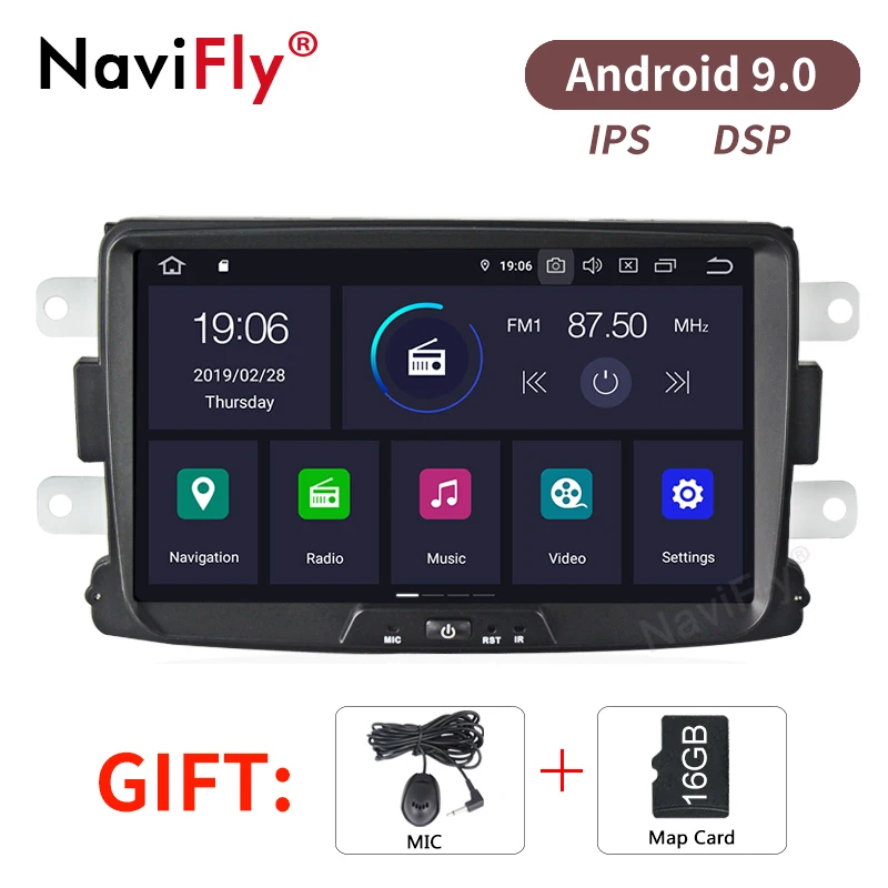 NaviFly ips экран DSP Android 9,0 Автомобильный мультимедийный плеер для Dacia Duster Logan Sandero Lada Xray 2 с Wifi gps навигационный микрофон