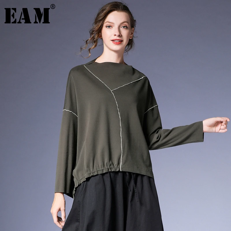 

[EAM] Women T-shirt New Round Neck Long Sleeve Loose Fit Drawstring Pleated Fashion Tide All-match Spring Autumn 2019 JZ254