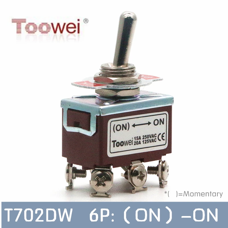 Toowei T702DW 6 контактов кратковременный переключатель ON-(ON) 15A 250 V/20A 125V монтажное отверстие 12 мм/винтовой контакт