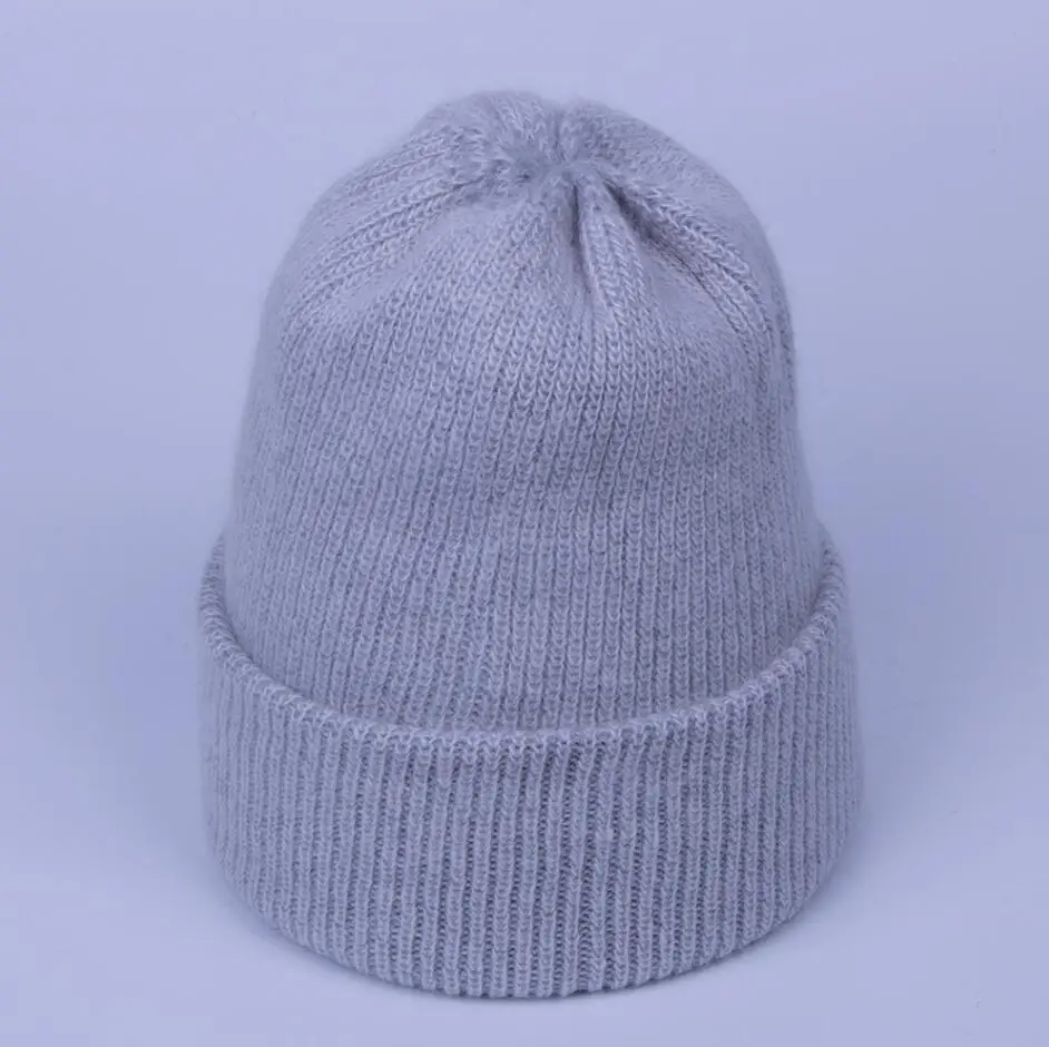 grey YC Fur теплые зимние шапочки шапки для женщин из мягкой шерсти двойной слой повседневная женская шапка дамы сплошной цвет - Цвет: grey